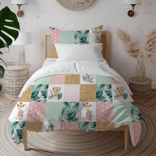 Couverture de lit simple | Floral Safari Jungle Patchwork