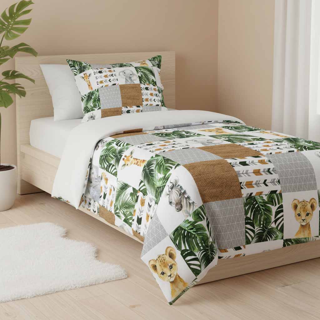 Couverture de lit simple patchwork safari jungle, motif animaux d'Afrique (lionceau, zèbre, girafe, éléphant) et feuilles tropicales. Couvre-lit enfant de qualité avec couvre-oreiller assorti.