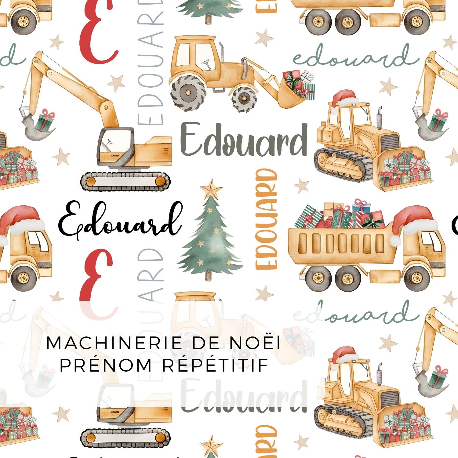 Couverture personnalisée pour bébé motif camions de construction de Noël, prénom Édouard, minky noir doux, cadeau festif sous le sapin
