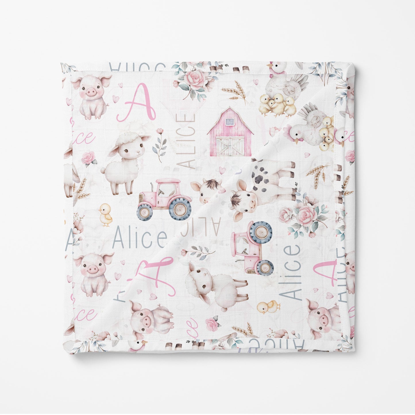 Couverture en mousseline de bambou | Prairie rose prénom répétitif