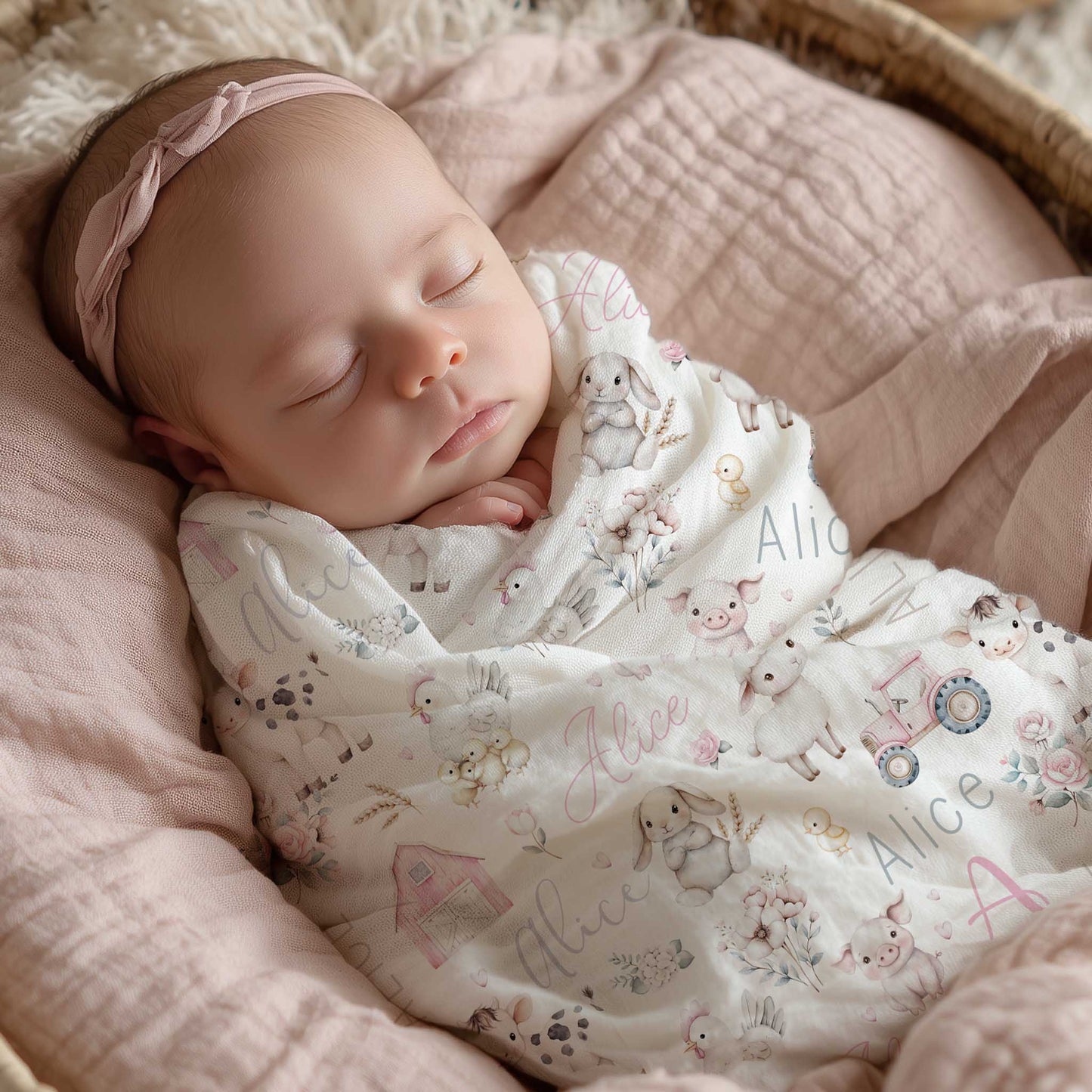 Couverture en mousseline de bambou | Prairie rose prénom répétitif