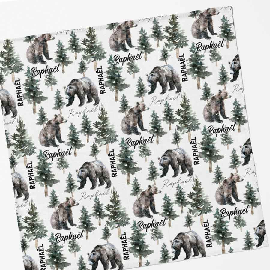 Couverture en mousseline de bambou | Ours aquarelle en forêt avec prénom