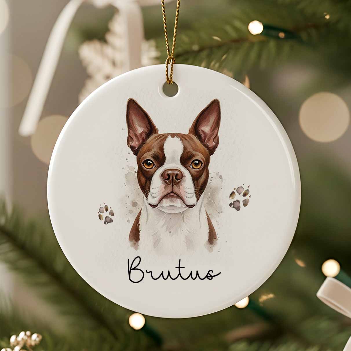 Ornement de Noël en céramique personnalisé avec portrait aquarelle d’un chien type Boston Terrier, décoré de petites pattes et du prénom Brutus, suspendu dans un sapin de Noël