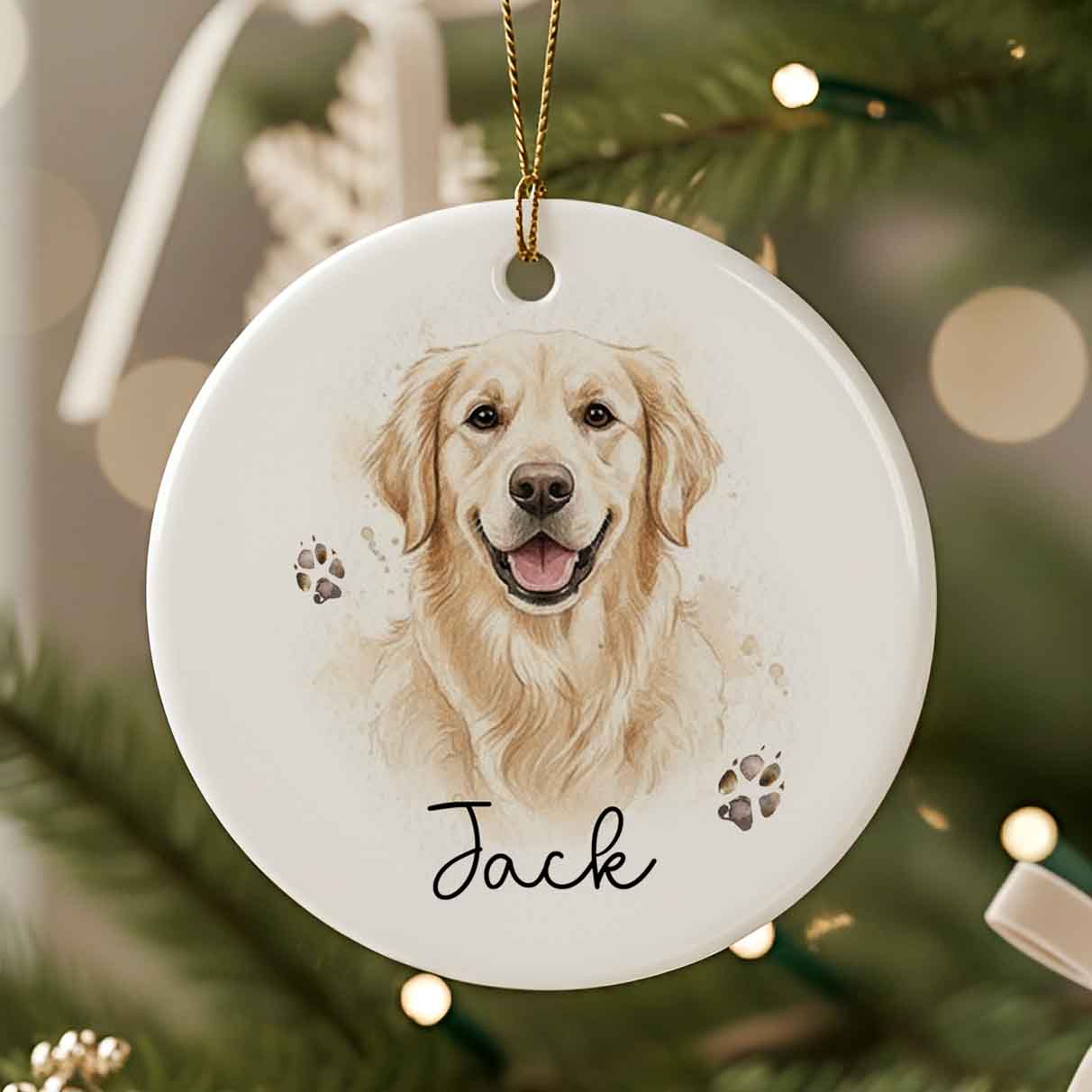 Ornement de Noël personnalisé en céramique | Portrait de votre chien avec nom