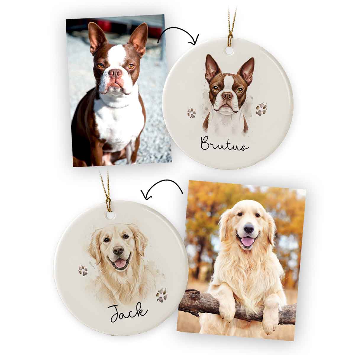 Ornements de Noël personnalisés en céramique avec portraits aquarelle de chiens créés à partir de photos, modèles Brutus (Boston Terrier) et Jack (Golden Retriever)