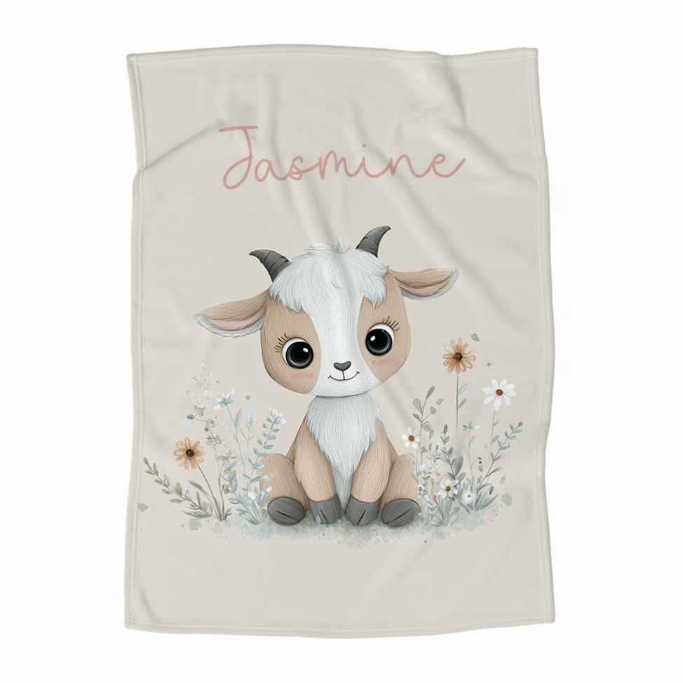 Couverture en minky personnalisée | Chèvre assise au champs avec prénom