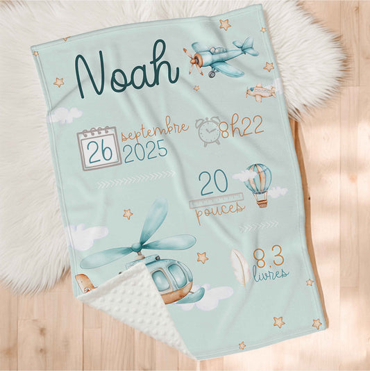 Couverture en minky personnalisée | Aventures dans les airs avec infos de naissance