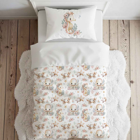 Literie pour lit simple | Monde marin fond blanc