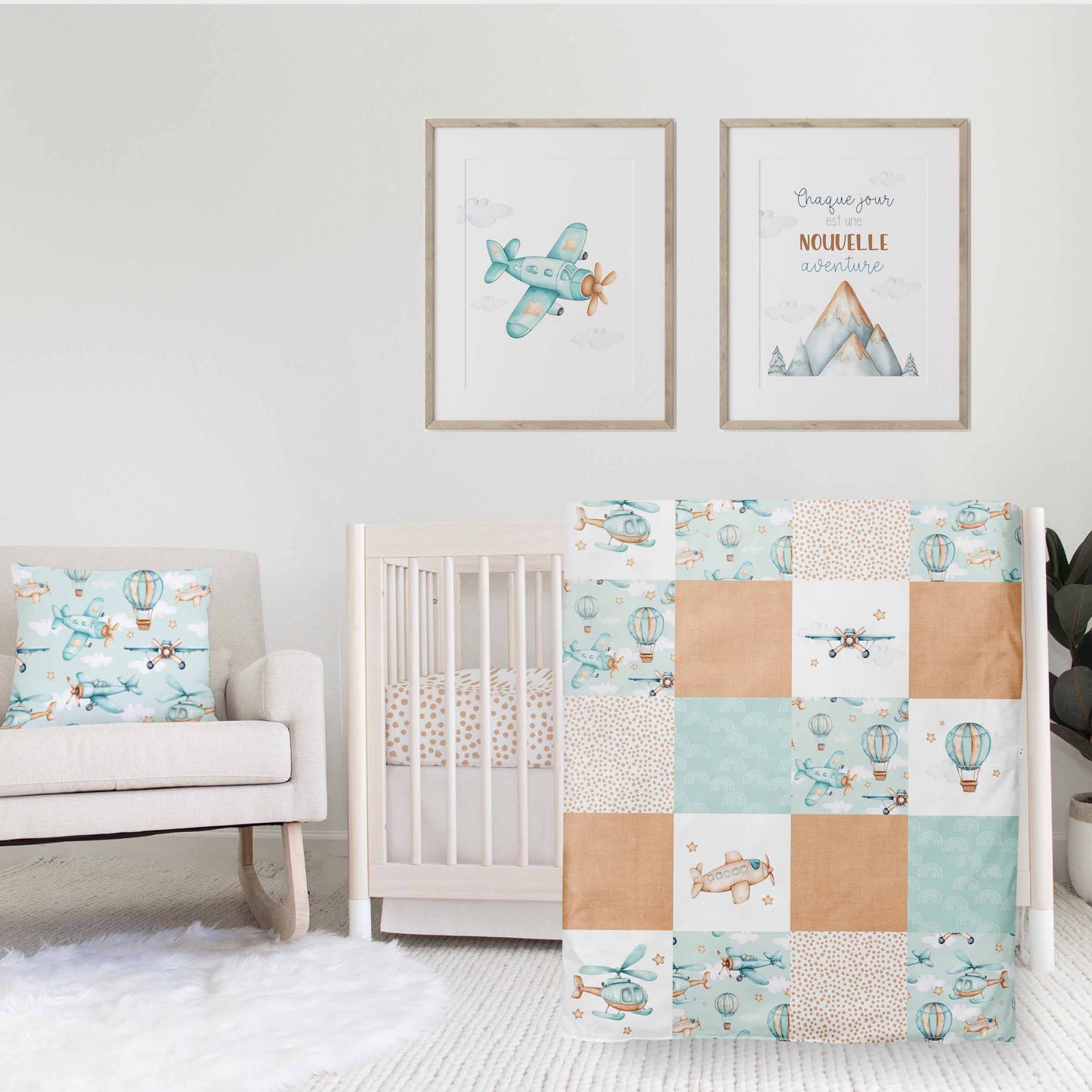 Ensemble de literie pour bassinette en minky | Aventures dans les airs patchwork