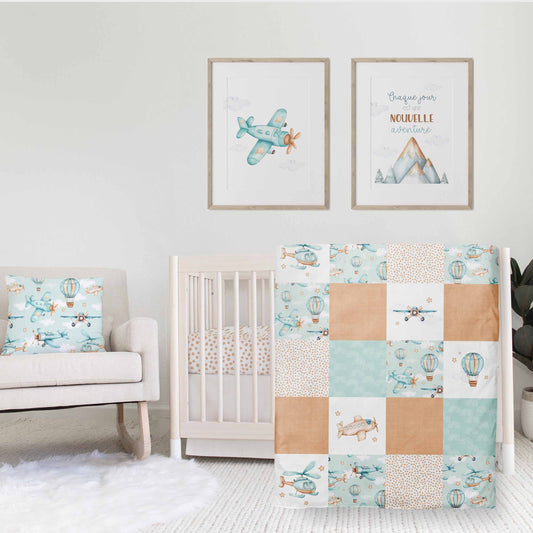 Ensemble de literie pour bassinette en minky | Aventures dans les airs patchwork