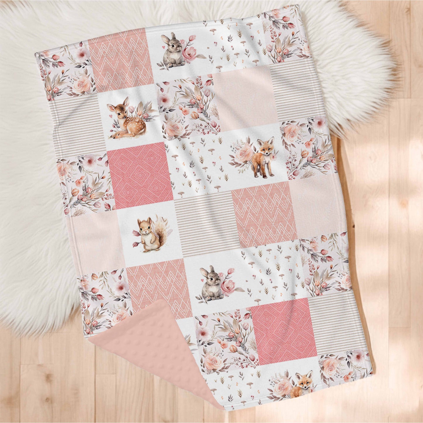 Couverture en minky | Forêt Rosée Patchwork