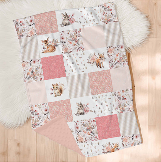 Couverture en minky | Forêt Rosée Patchwork