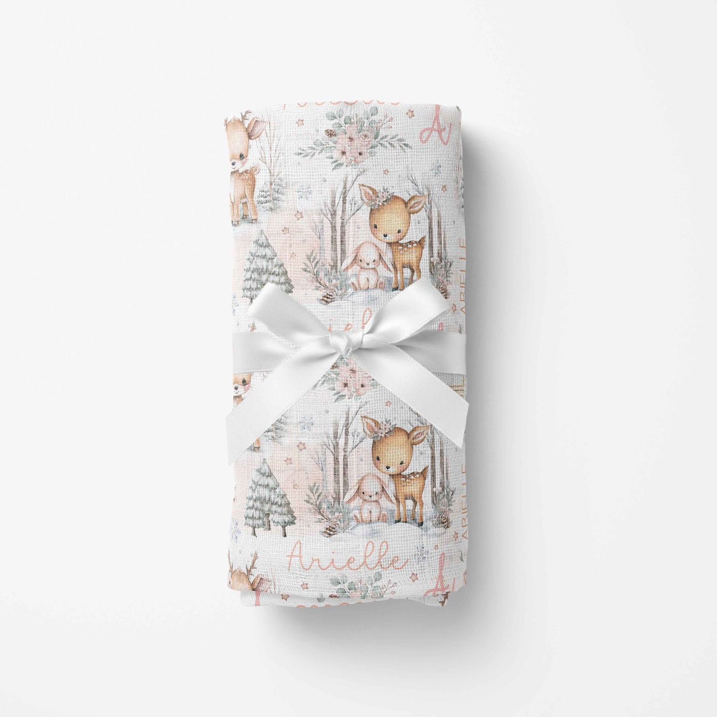 Couverture en mousseline de bambou | Biche et lapin rosés prénom répétitif