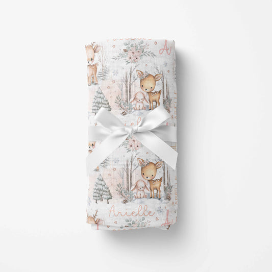 Couverture en mousseline de bambou | Biche et lapin rosés prénom répétitif