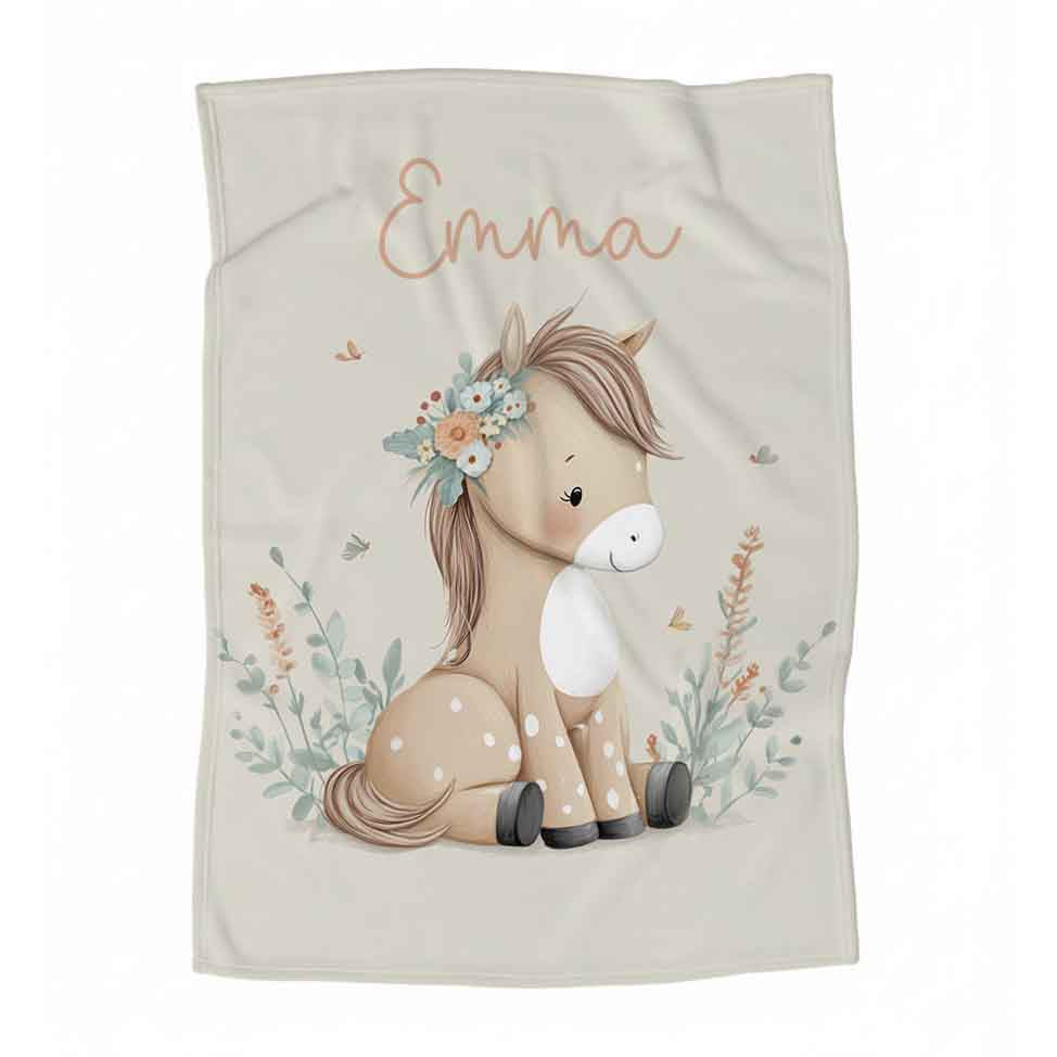 Couverture en minky personnalisée | Cheval marguerites avec prénom