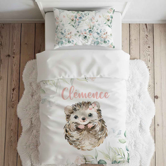 Couverture de lit simple literie enfant personnalisée hérisson et fleurs avec prénom