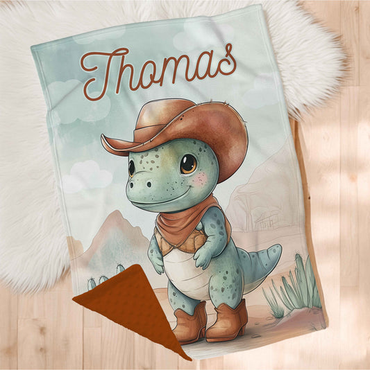 Couverture en minky personnalisée | Dino cowboy vert