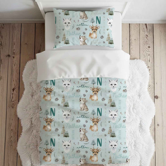 Literie pour lit simple | Amis de l'hiver fond bleu prénom répétitif