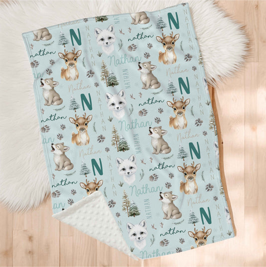 Couverture en minky | Amis de l'hiver fond bleu prénom répétitif