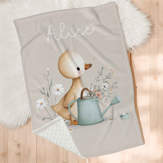 Couverture en minky personnalisée | Canneton marguerites avec prénom