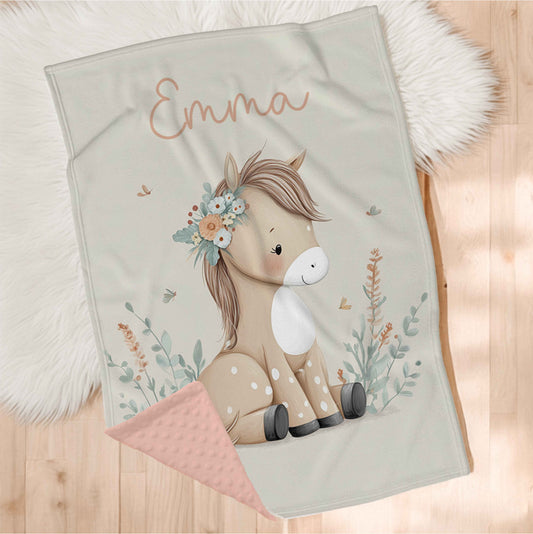 Couverture en minky personnalisée | Cheval marguerites avec prénom