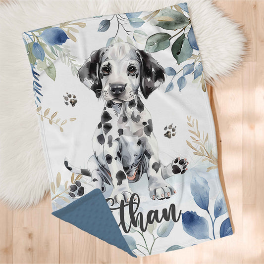 Couverture en minky personnalisée | Dalmatien et feuillage bleu