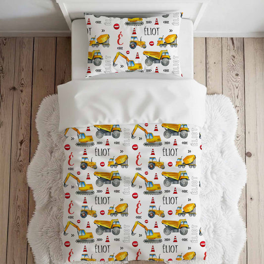 Literie pour lit simple | Construction aquarelle jaune prénom répétitif