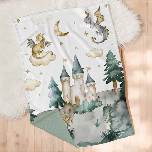 Couverture en minky | Dragons aquarelle et château