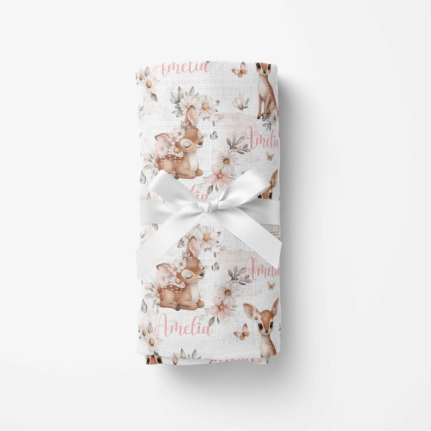 Couverture en mousseline de bambou | Biche et papillons prénom répétitif