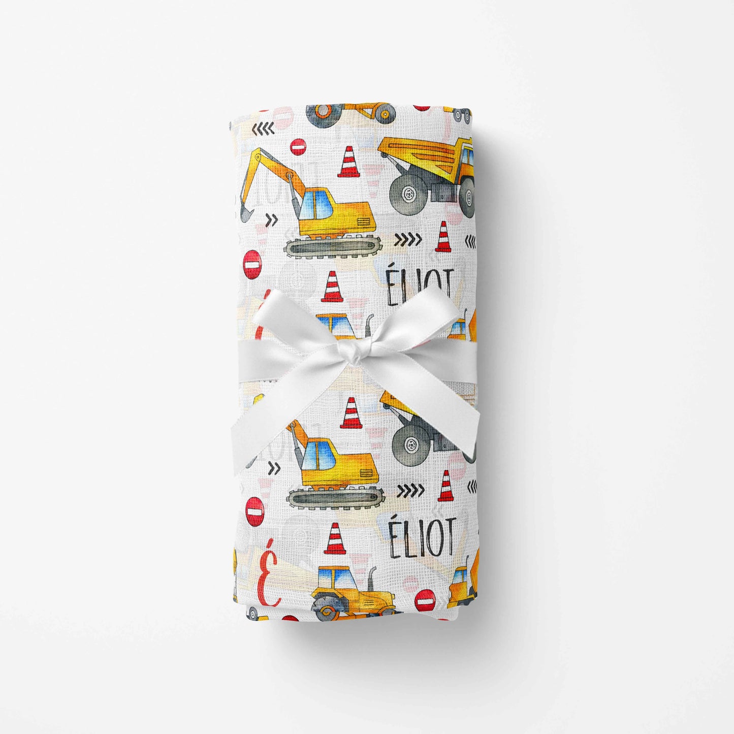 Couverture en mousseline de bambou | Construction aquarelle jaune prénom répétitif