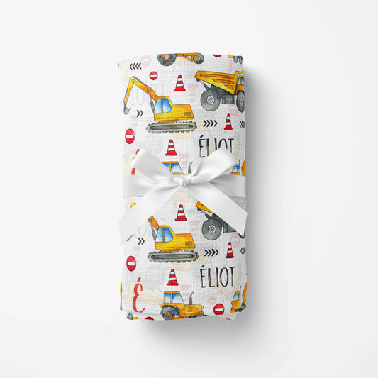 Couverture en mousseline de bambou | Construction aquarelle jaune prénom répétitif