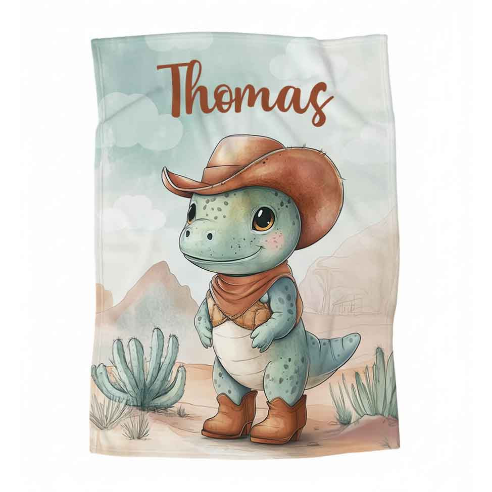 Couverture en minky personnalisée | Dino cowboy vert