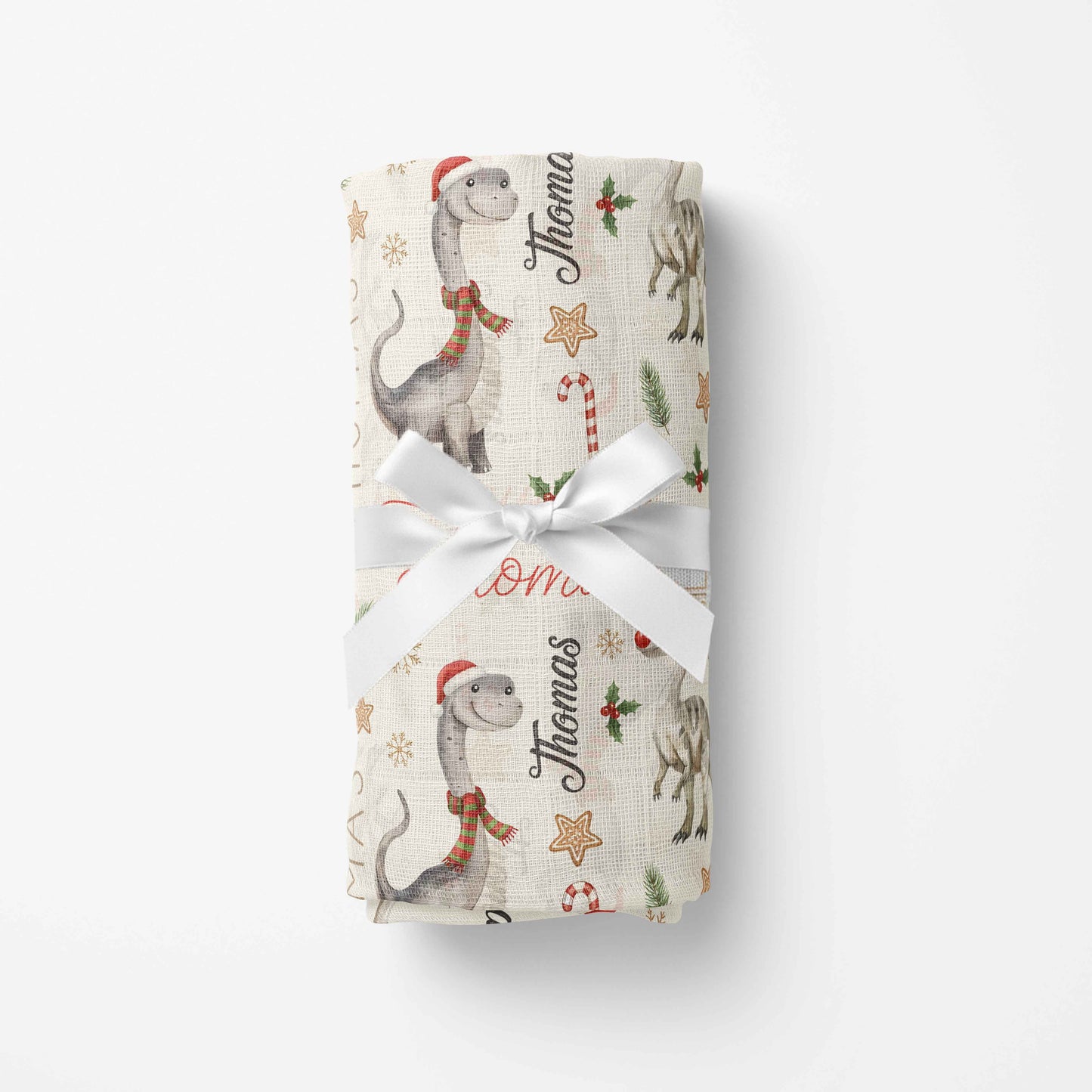 Couverture en mousseline de bambou | Dinosaures gris de Noël prénom répétitif