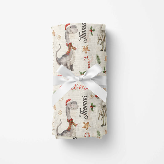 Couverture en mousseline de bambou | Dinosaures gris de Noël prénom répétitif