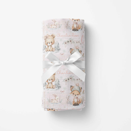 Couverture en mousseline de bambou | Renard rosé et ourson prénom répétitif