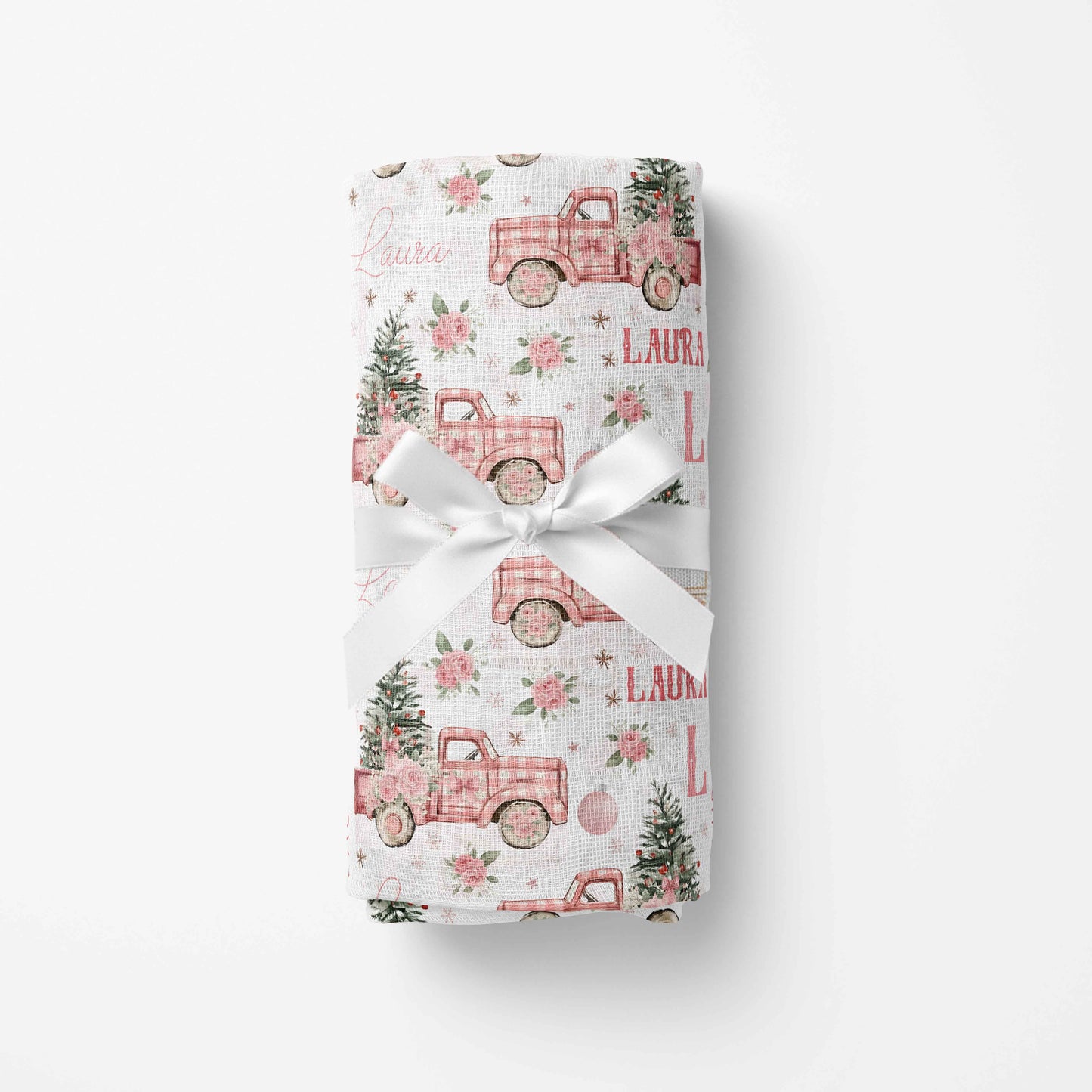 Couverture en mousseline de bambou | Camions roses et sapin prénom répétitif