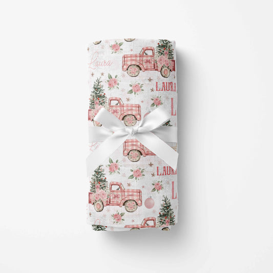 Couverture en mousseline de bambou | Camions roses et sapin prénom répétitif