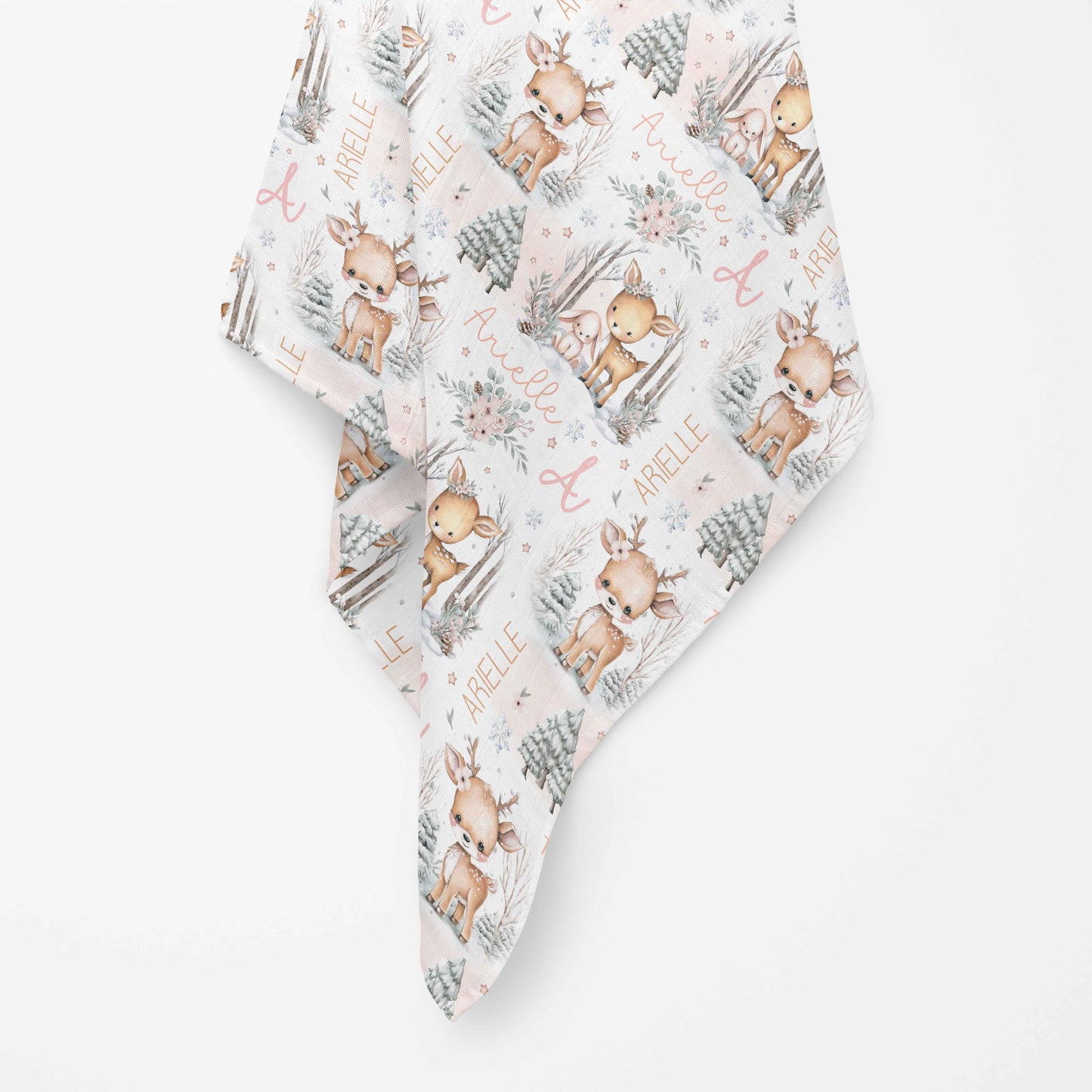 Couverture en mousseline de bambou | Biche et lapin rosés prénom répétitif