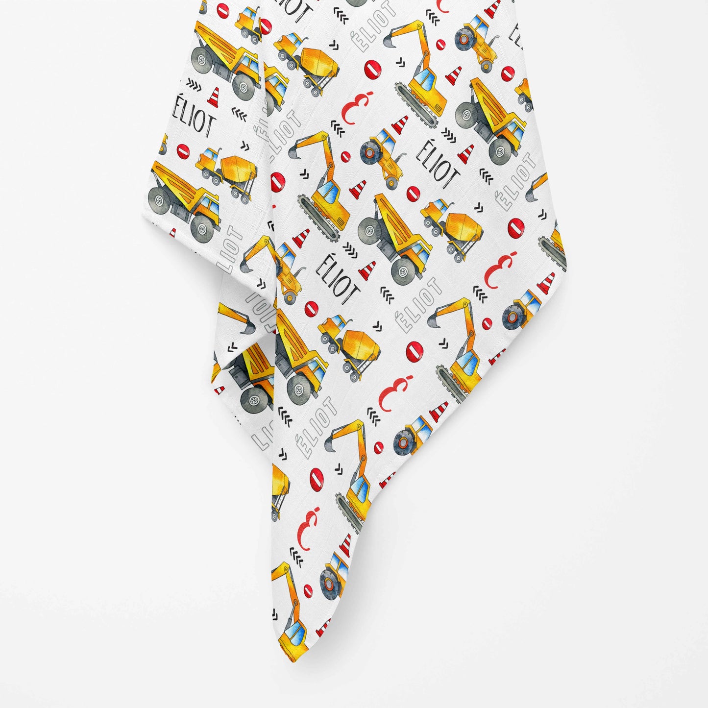 Couverture en mousseline de bambou | Construction aquarelle jaune prénom répétitif