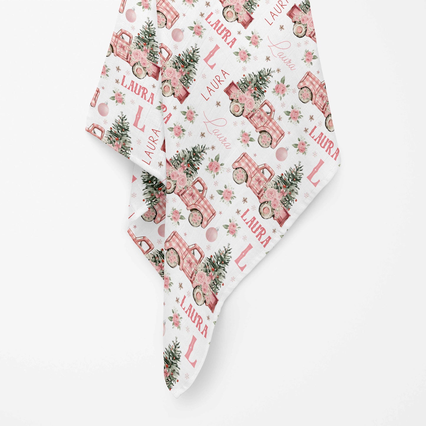 Couverture en mousseline de bambou | Camions roses et sapin prénom répétitif