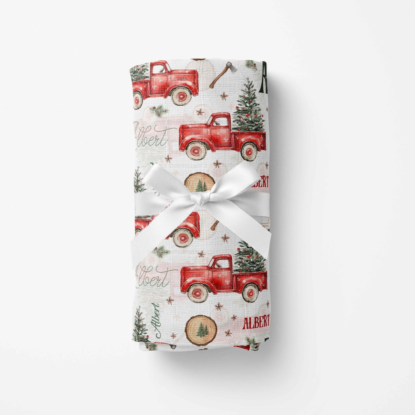 Couverture en mousseline de bambou | Camions rouges et sapins prénom répétitif