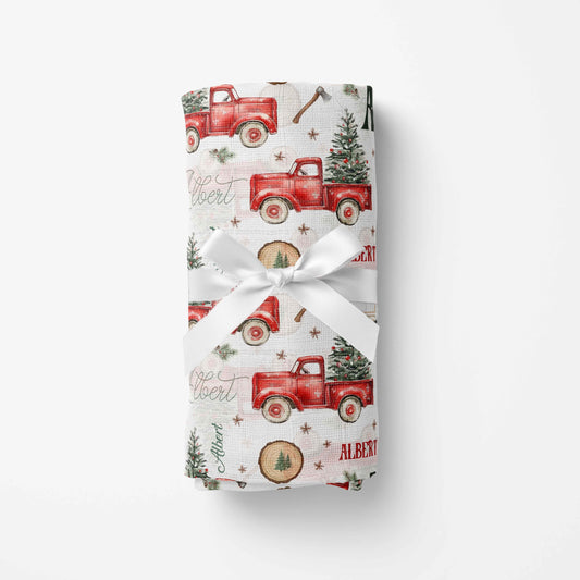 Couverture en mousseline de bambou | Camions rouges et sapins prénom répétitif