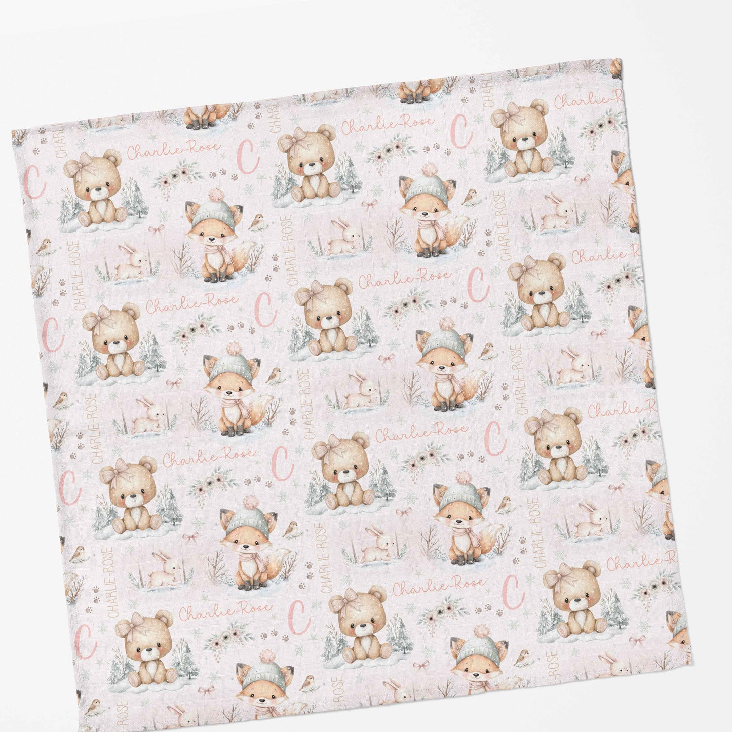 Couverture en mousseline de bambou | Renard rosé et ourson prénom répétitif