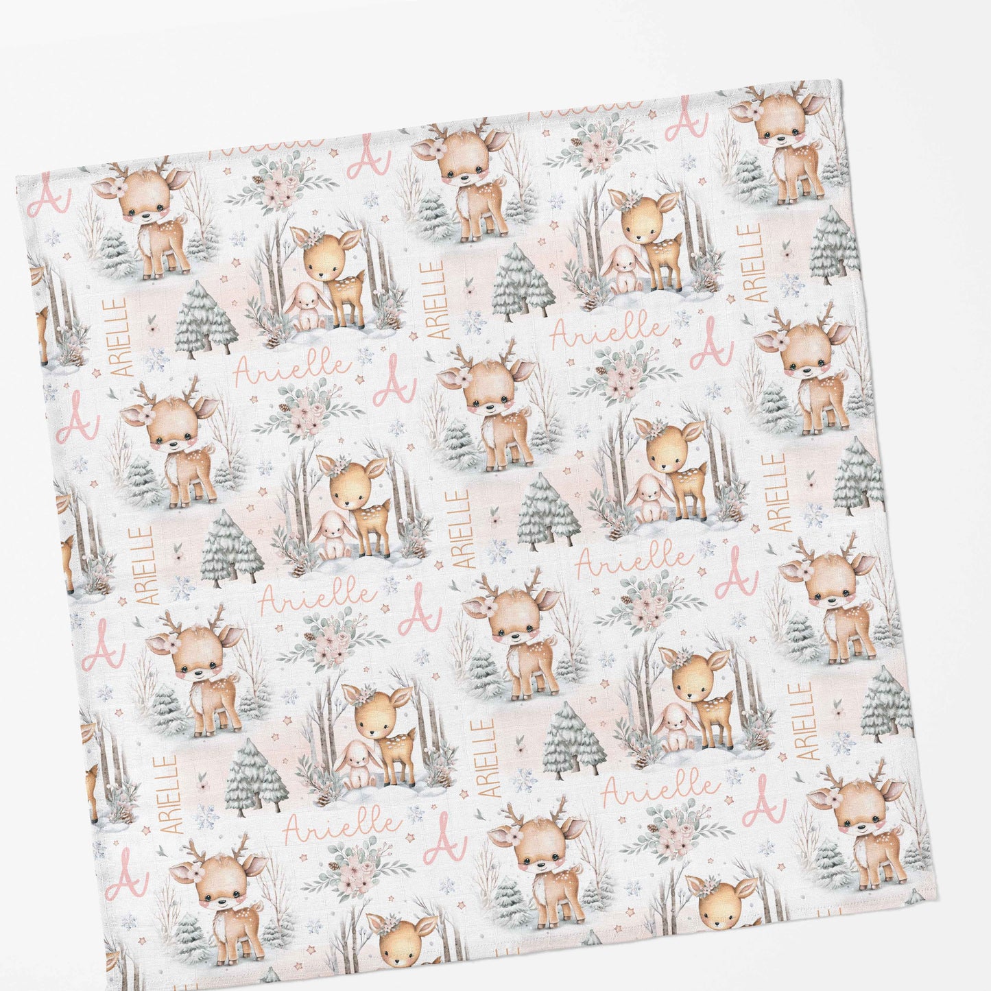 Couverture en mousseline de bambou | Biche et lapin rosés prénom répétitif