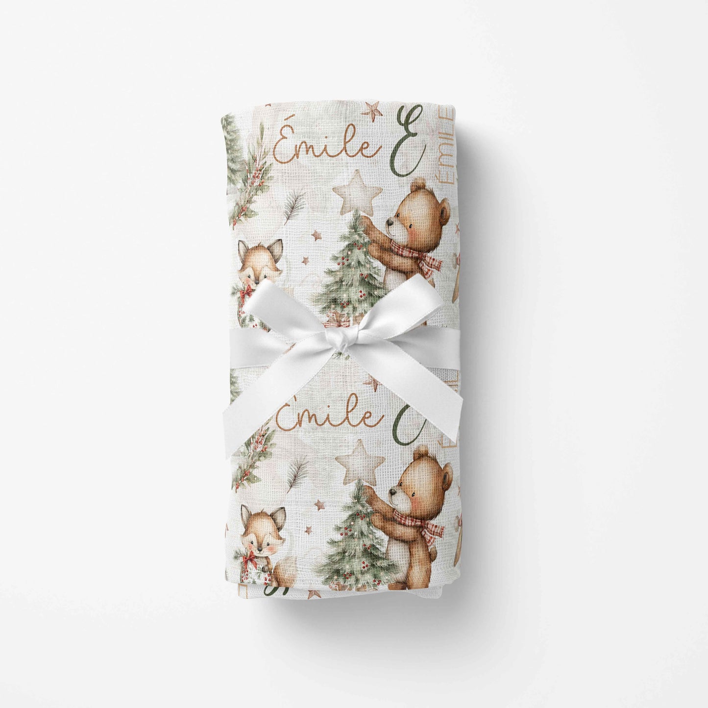 Mousseline de bambou personnalisée pour cadeau de bébé ourson et sapin de Noël avec prénom du bébé pour cadeau de shower ou d Noël