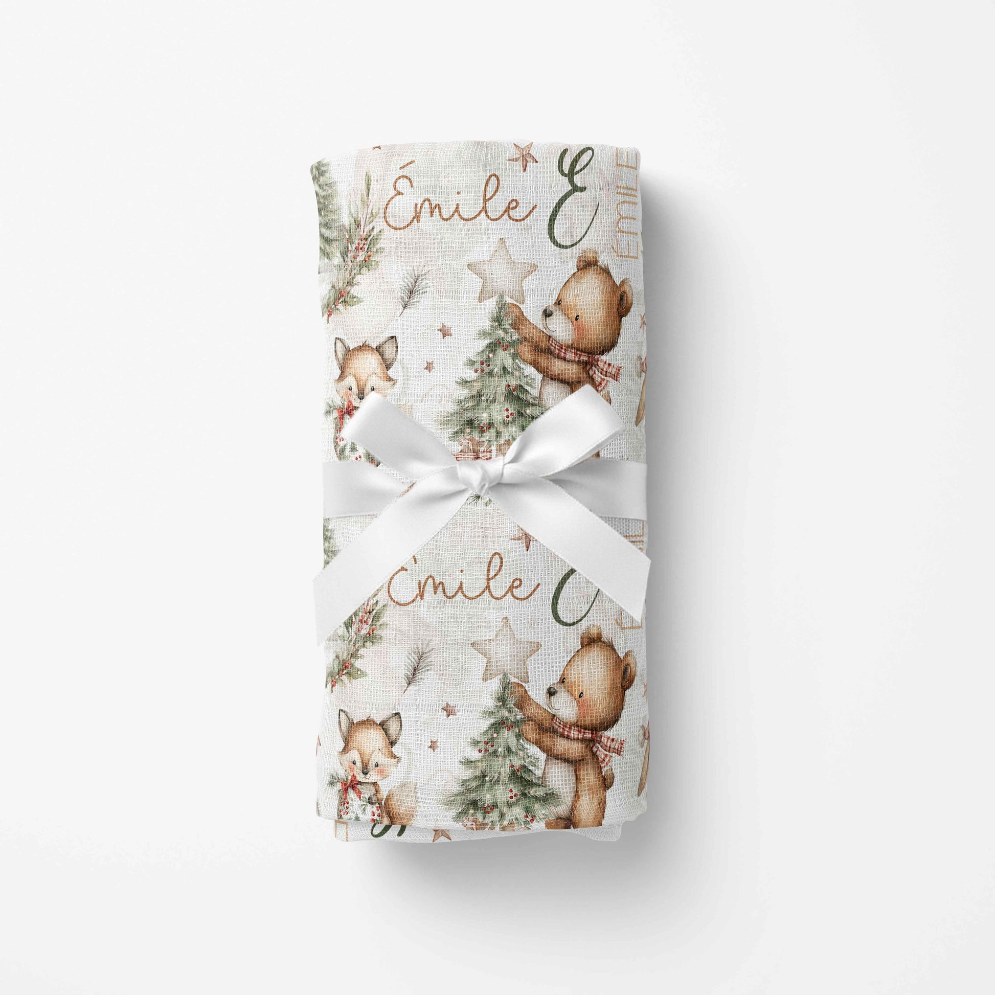 Mousseline de bambou personnalisée pour cadeau de bébé ourson et sapin de Noël avec prénom du bébé pour cadeau de shower ou d Noël