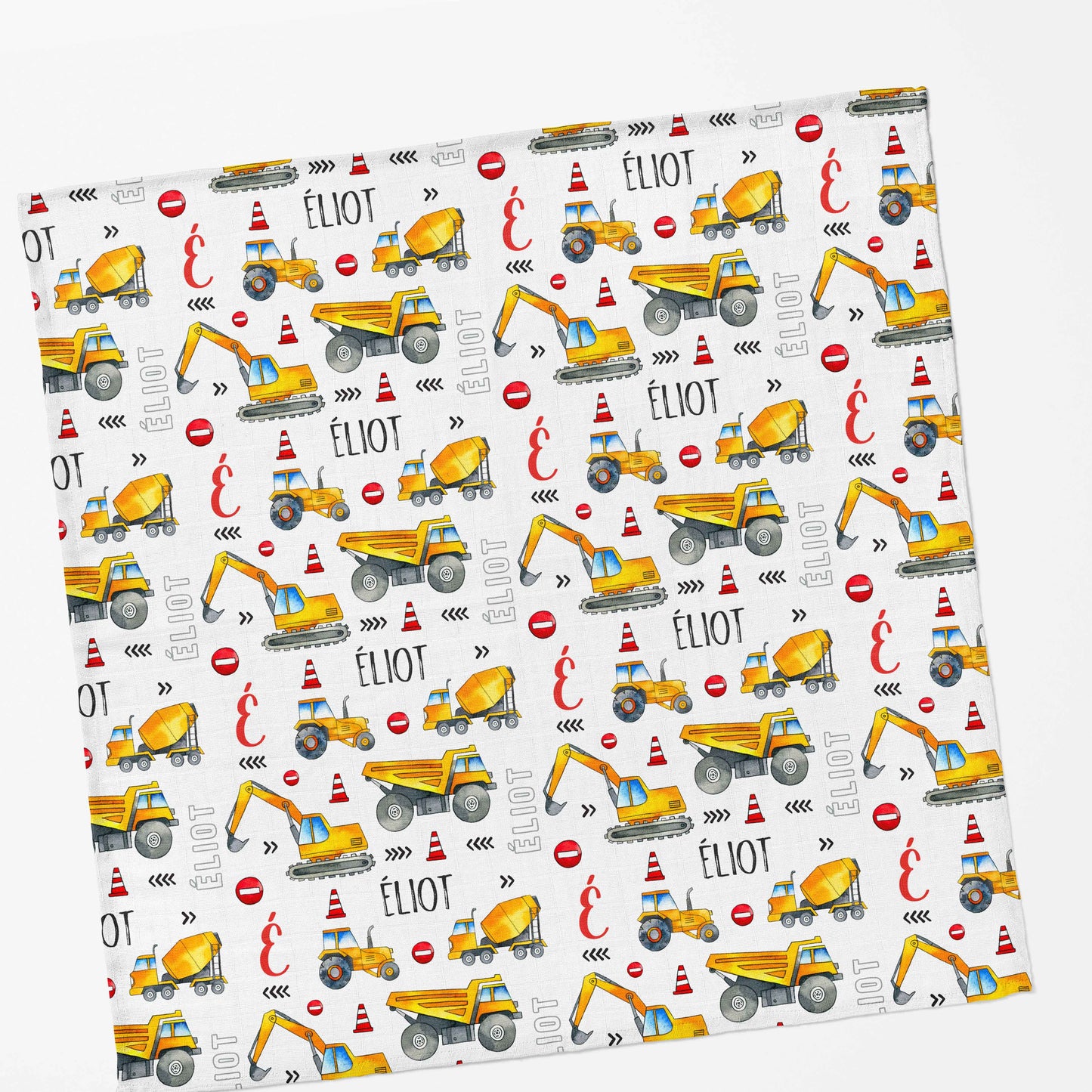 Couverture en mousseline de bambou | Construction aquarelle jaune prénom répétitif