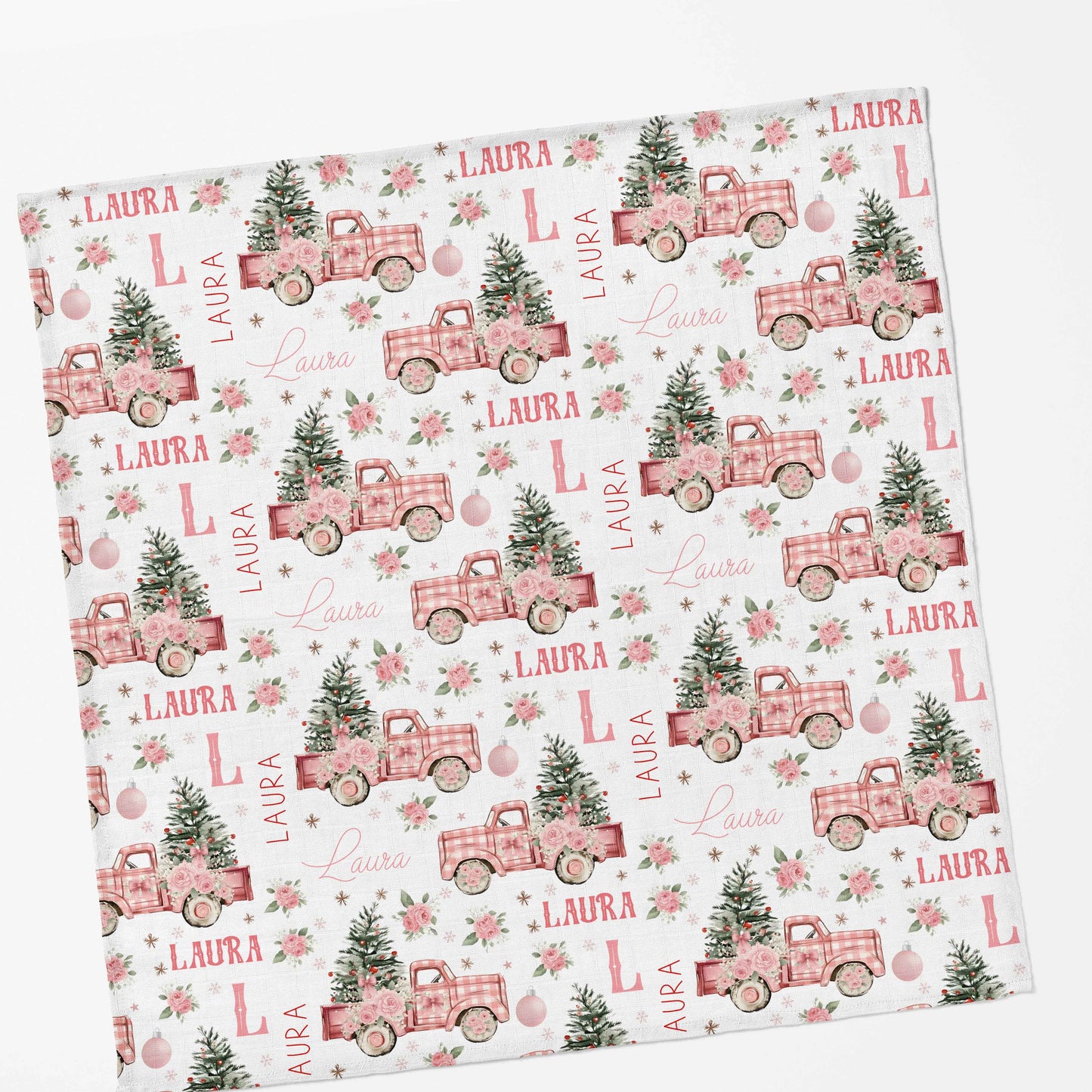 Couverture en mousseline de bambou | Camions roses et sapin prénom répétitif