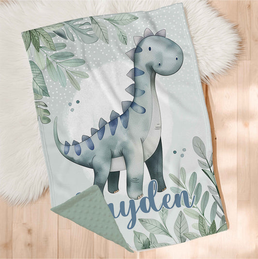 Couverture en minky personnalisée | Dino Boho Bleu