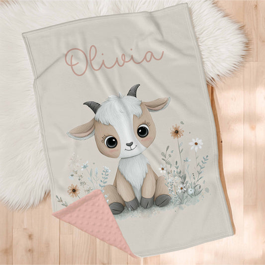 Couverture en minky personnalisée | Chèvre assise au champs avec prénom